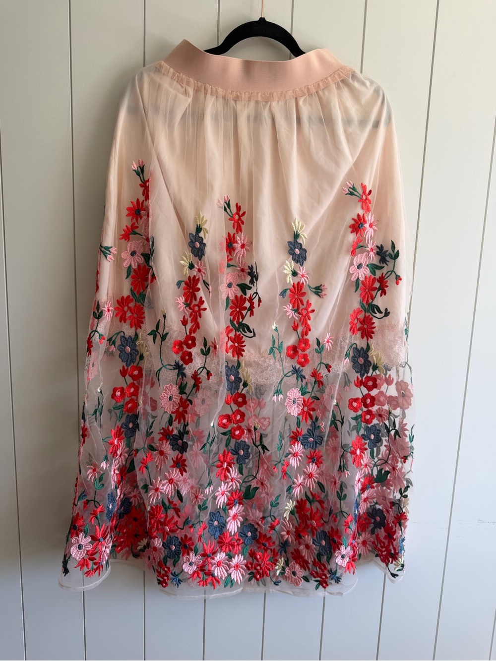 Maje Sheer Blush Maxi Skirt with Red, Pink & Navy Floral Embroidery